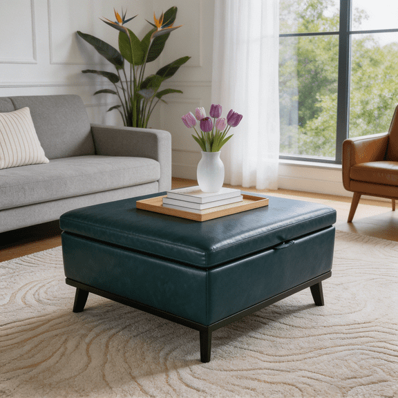 Blue Faux Leather Storage Ottoman Bench with Hidden Storage for Living Room