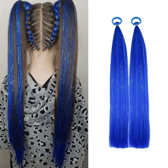 Blue Ponytail Extensions Hair With Tinsel for Women Girls Hair Accessories Synthetic Braiding Hair Pieces With Rubber Band Daily Party Festival Halloween Rave Wacky Crazy Hair Extensions 27.5 inch