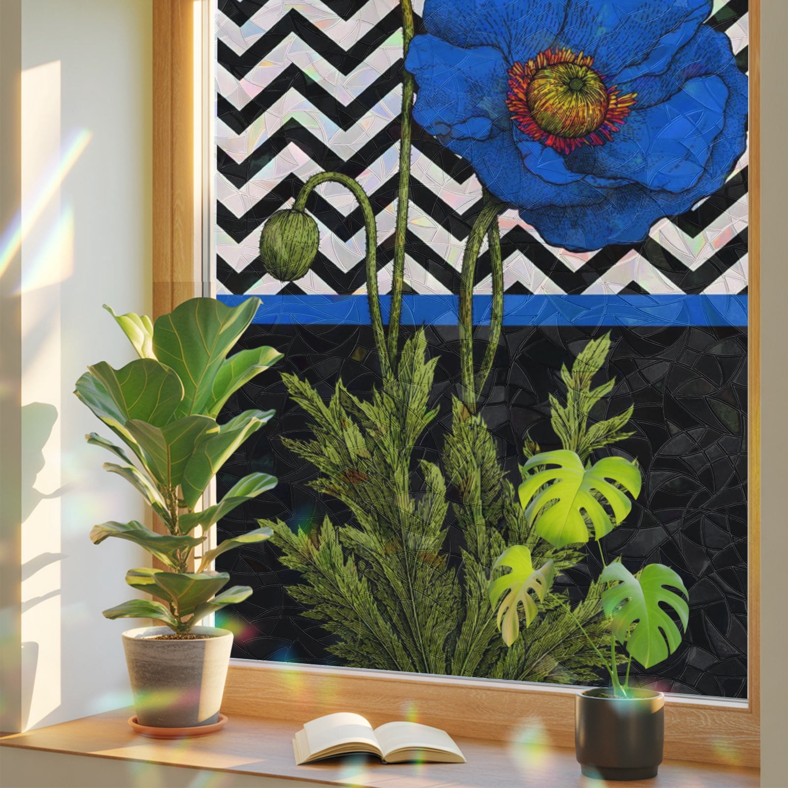 Blue Poppies Window Privacy Film, Country Blue Floral Bud ...