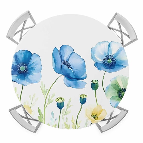 Blue Poppy Elastic Fitted Round Table Cover Watercolor Waterproof Outdoor Tablecloth for Holiday Party, Picnic, Patio & Dining Fits Tables Up to 45"-54"