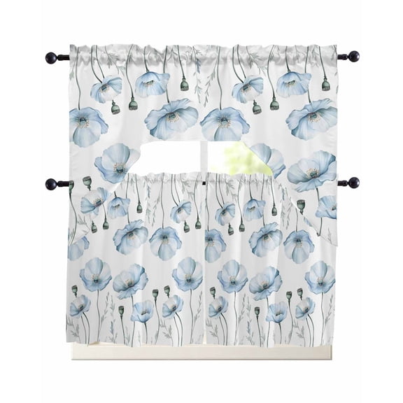 Blue Poppy Floral Kitchen Curtains Swag Valance and Tier Curtains Set 36 Inch Length, Farmhouse Pastoral Botanical Flowers Rod Pocket Drape Panels Pair Swag Curtain for Bathroom/Cafe/Window