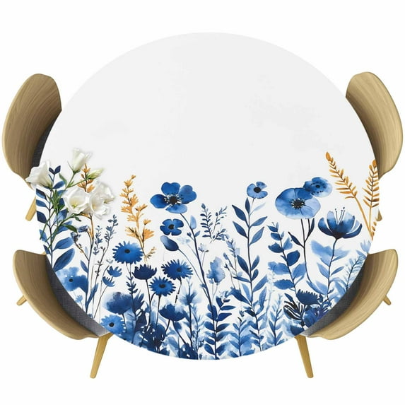 Blue Poppy Floral Round Tablecloth 36-44 Inch Round Fitted Table Cloth with Elastic Edge, Botanical Wildflowers Elegant Waterproof Table Cover Protector for Outdoor Picnic Party Dining