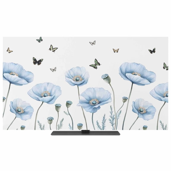 Blue Poppy Floral TV Dust Cover,Stretchable TV Screen Desktop Computer Protector Cover,Spring Pastoral Butterfly Botanical Television Dustproof Slipcover for 19–24 Inch Flat or Curved TVs