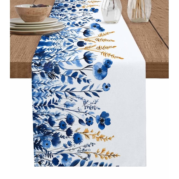Blue Poppy Floral Table Runner 60 Inches, Botanical Wildflowers Elegant Bed Runner Dresser Scarves Tabletop for Indoor Outdoor Parties/Ceremony/Banquet, 13" x 60"