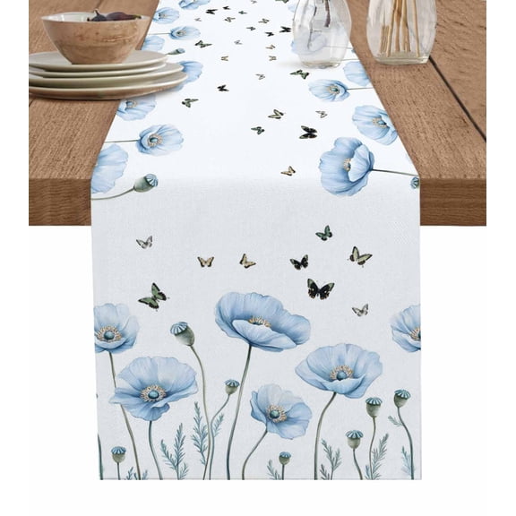 Blue Poppy Floral Table Runner Cotton Linen 120 Inch Holiday Dresser Scarves, Spring Pastoral Butterfly Botanical Tablerunner for Kitchen Coffee Dining Bedroom Dinner Scarf Décor 13''x120''