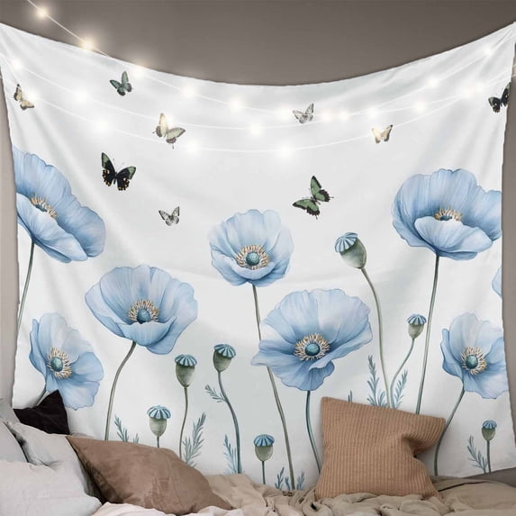 Blue Poppy Floral Tapestry for Bedroom Wall Hanging Tapestry, Spring Pastoral Butterfly Botanical Ceiling Backdrop Tapestries Poster Blanket Wall Decor for Teens Room Living Room Dorm 51" x 59"