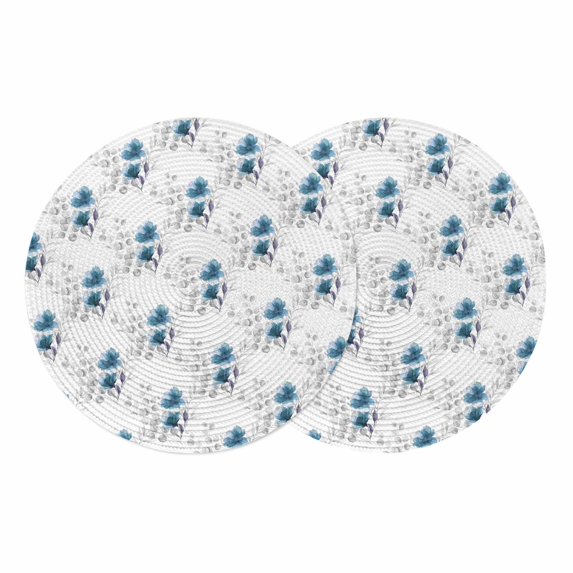 Blue Poppy Flowers Round 13 Inch Placemats Set of 2, Spring Gray Eucalyptus Leaves Rustic HeatResistant Non Slip Place Mats for Dining Table, Wipeable Braided Kitchen Table Mats for Housewarming