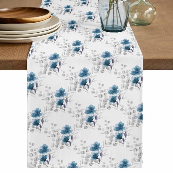 Blue Poppy Flowers Table Runner 70 Inches, Spring Gray Eucalyptus Leaves Rustic Bed Runner Dresser Scarves Tabletop for Indoor Outdoor Parties/Ceremony/Banquet, 13" x 70"