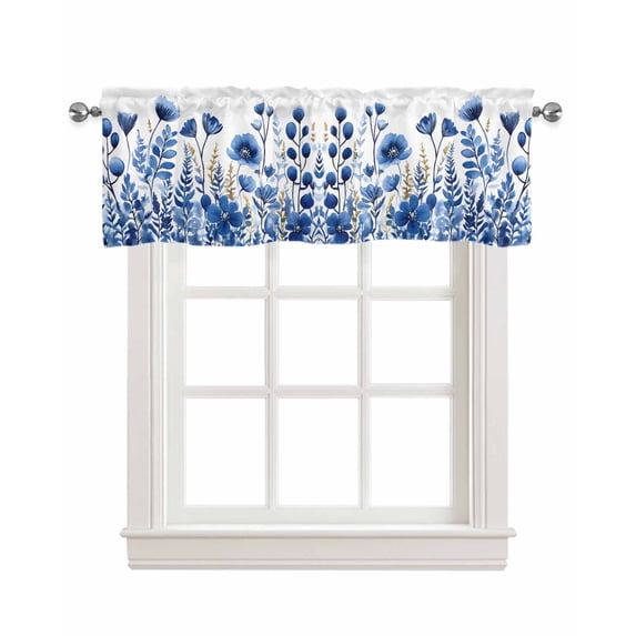 Blue Poppy Kitchen Valances for Windows Farmhouse Linen Window Valance Curtain for Living Room Window Treatment Botanical Flowers Spring Garden Valance Rod Pocket Topper Drape, 54 x 18 Inch