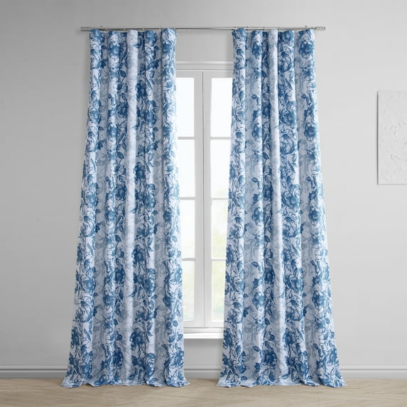 Blue Poppy Printed Linen Textured Blackout Curtain (1 Panel), Blue Poppy, 50W X 96L