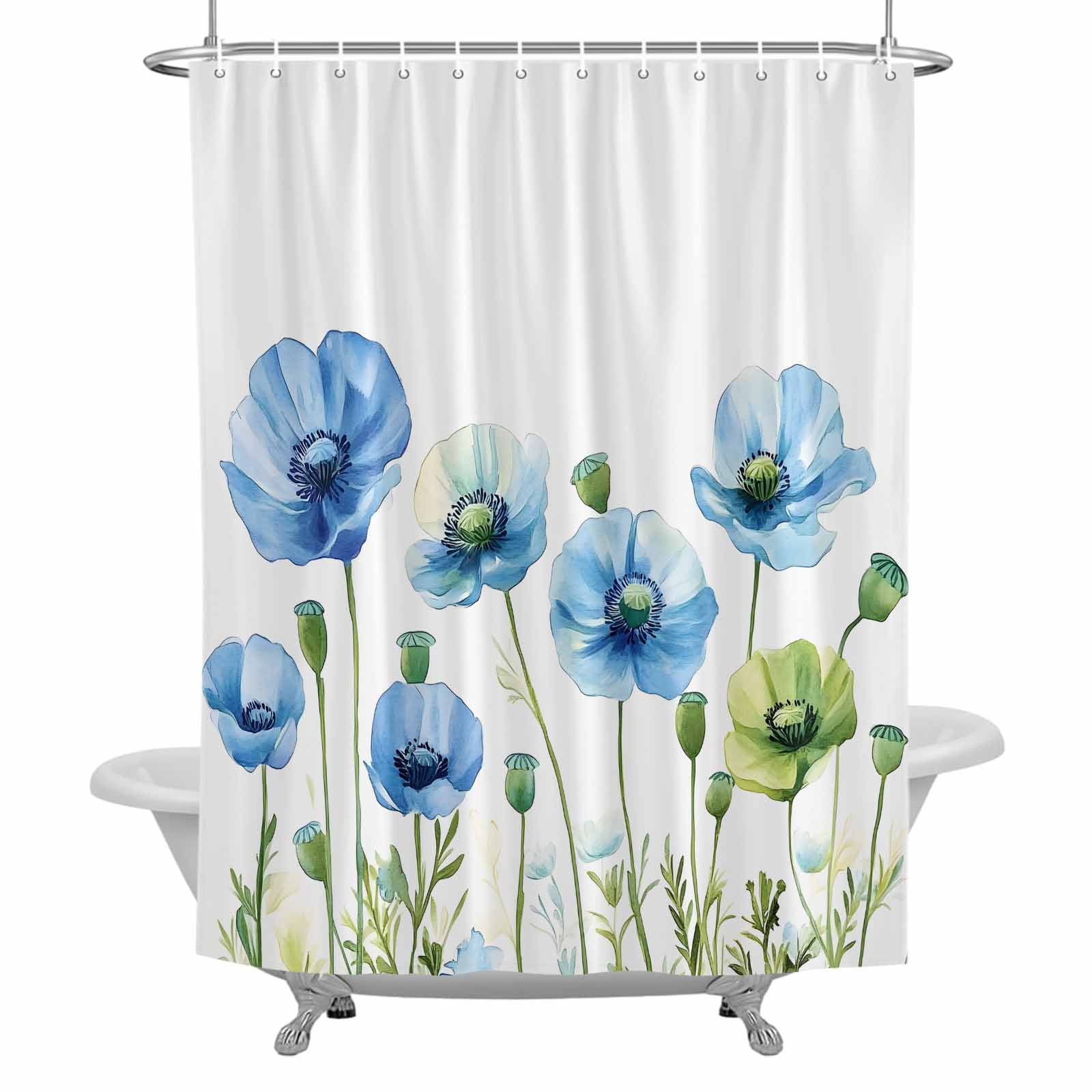 Blue Poppy Shower Curtain for Bathroom, Watercolor Flowers Waterproof ...