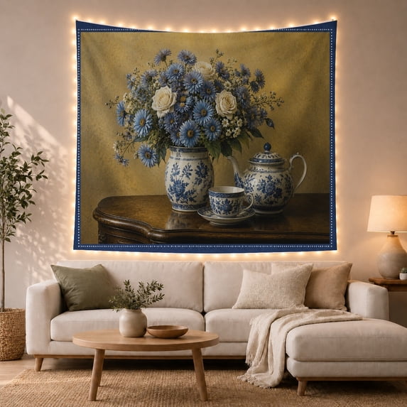 Blue Porcelain Vase with Roses and Teapot, Serene Vintage Style for Floral Decor Lovers, Still Life Wall Art, Housewarming Gift, Tapestry Wall Hanging for Dining Room and Kitchen