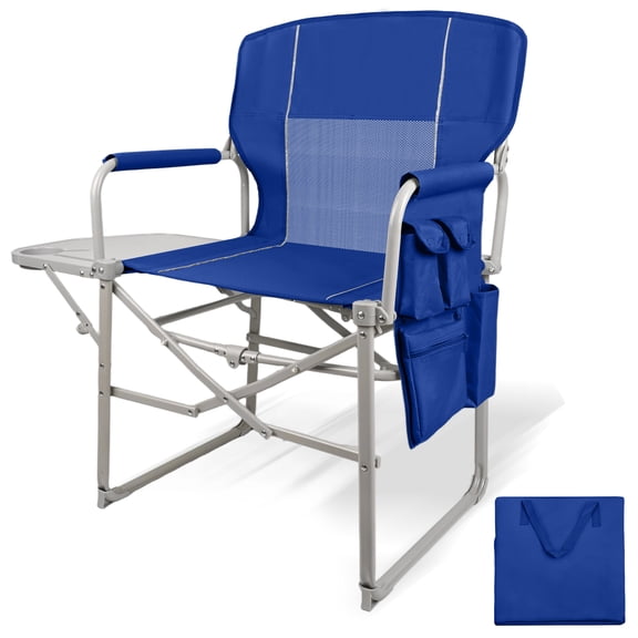 Blue Portable Folding Director's Chair, Heavy-Duty Oversized Camping Chair with Side Table for Beach Fishing Picnic