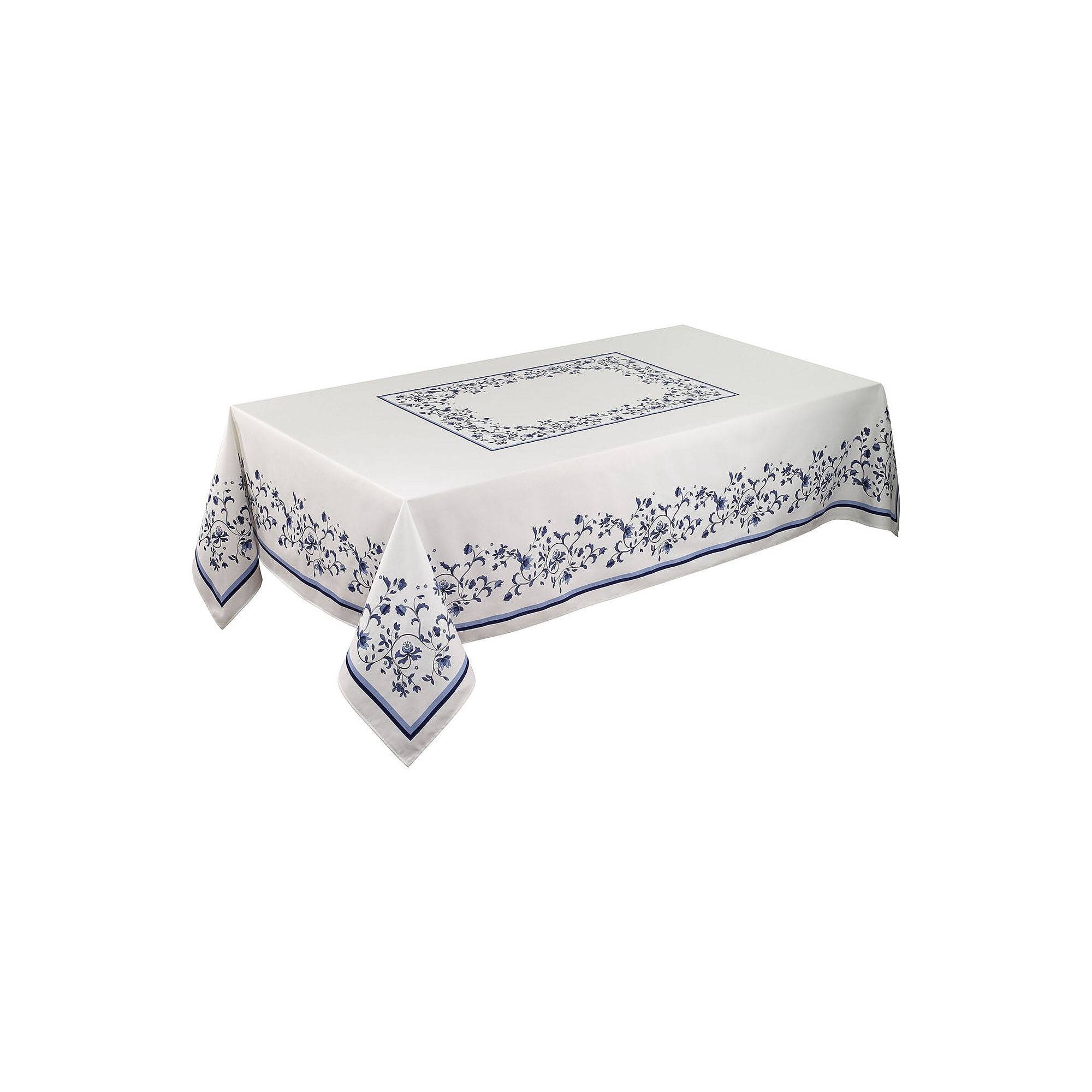 Blue and White Floral Cotton Polyester Tablecloth