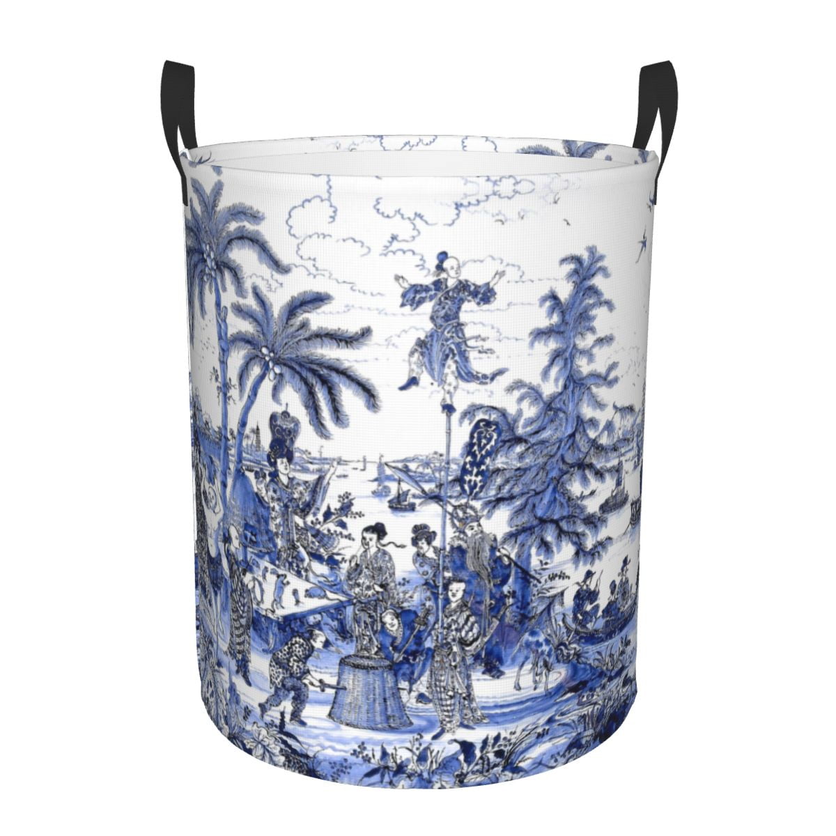 Blue Portuguese Porcelain Tiles Laundry Hamper Large Storage Basket Flower Pattern Kids Nursery