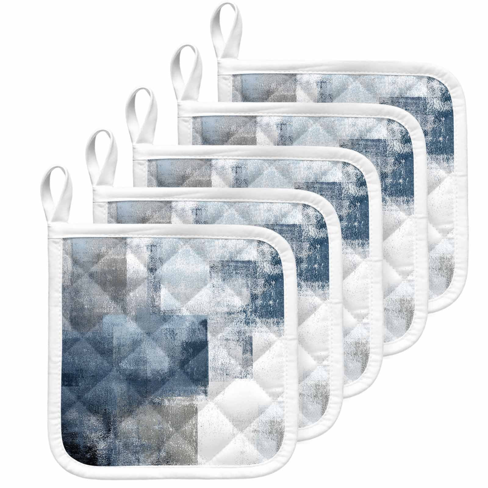 Blue Pot Holders for Kitchen Heatproof Potholder, 5 Pack Retro Oil Painted Modern Abstract Art Hot Pads Multipurpose Oven Pads Cloth Potholders Trivet for Cooking Baking