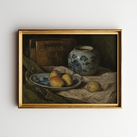 Blue Pot Still Life Wall Art Print, Lemons Ceramic Vase Moody Kitchen Decor