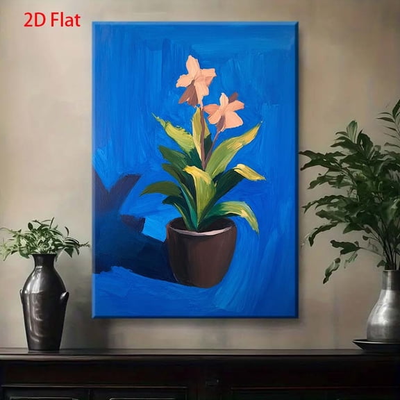 Blue Potted Plant Oil Painting on Wrapped Canvas - Beige & Turquoise Abstract Wall Art with Pink-Beige Flowers, Green Foliage - Modern Minimalist Hand-Painted Look for Home, Office,