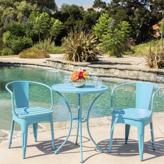 Blue Powder - Coated Metal - Outdoor - Friendly Design - 3 - Piece Bistro Set for Balcony