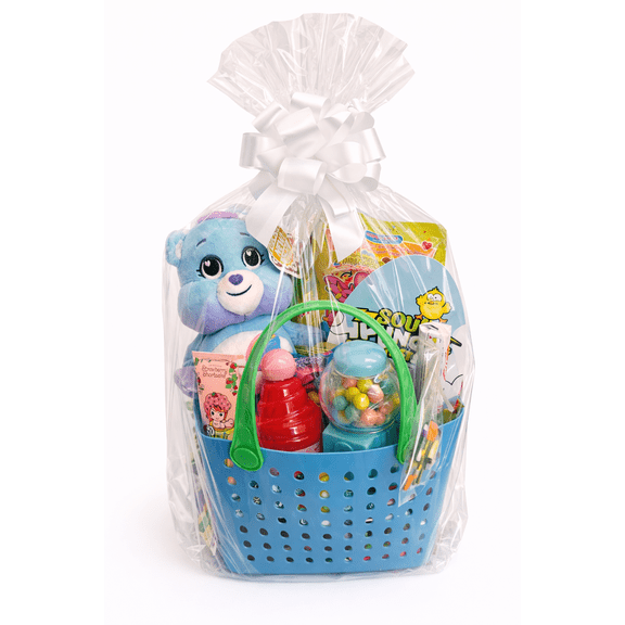 Blue Pre-Filled Easter Gift Basket WITH BLUE BEAR Shrink Wrapped with White Pull Bow Plush Toy, Candy & Fun Surprises for Kids