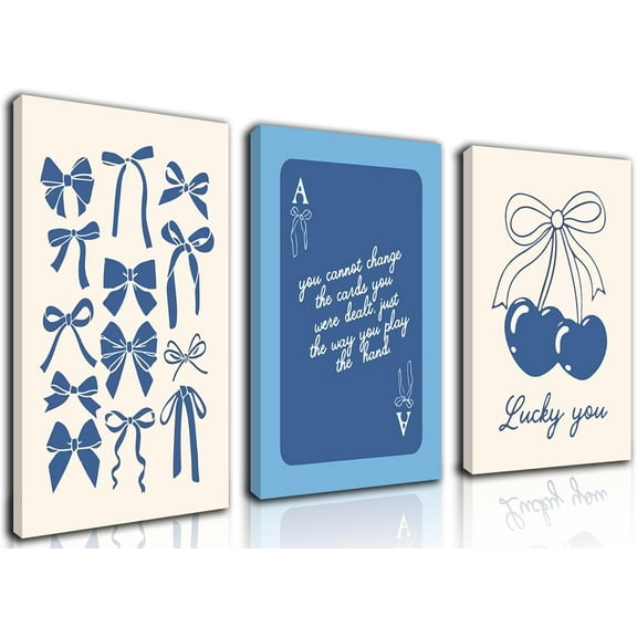 Blue Preppy Canvas Wall Art Poster Set of 3, Coastal Cowgirl Pictures Wall Decor Paintings, Trendy Cherry Guest Check Prints Aesthetic Home Decor for Teen Girls Bedroom Dorm