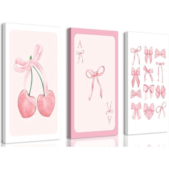 Blue Preppy Canvas Wall Art Poster Set of 3, Coastal Cowgirl Pictures Wall Decor Paintings, Trendy Cherry Guest Check Prints Aesthetic Home Decor for Teen Girls Bedroom Dorm