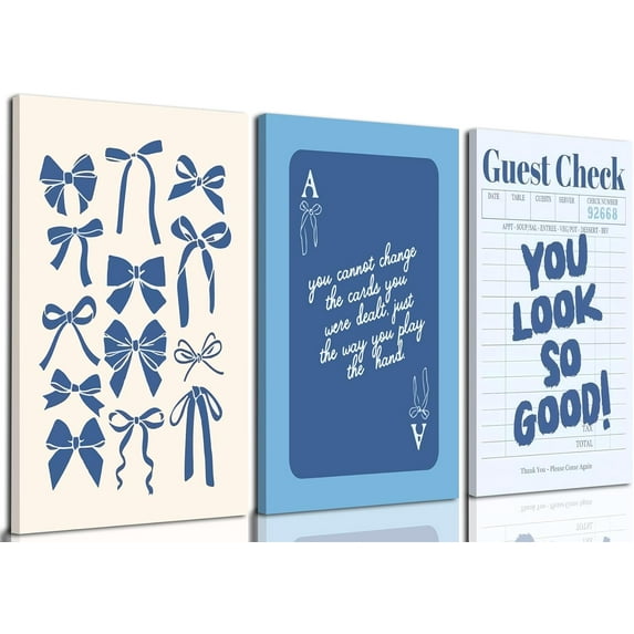 Blue Preppy Wall Art Framed Set of 3 Trendy Navy Bow Posters Retro Guest Check Canvas Prints Poker Painting Minimalist Positive Quote Picture Room Decor Aesthetic for Living Room Dorm Apartment12x16in