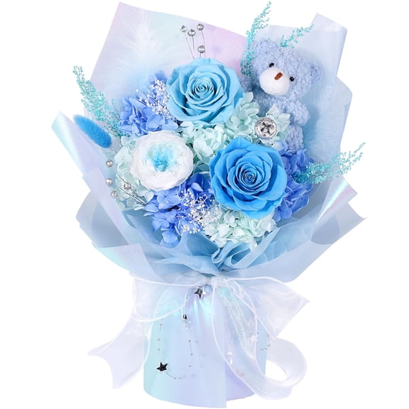 Blue Preserved Rose Flower Bouquet with Bear Gift for Anniversaries, Birthdays, Mother's Day