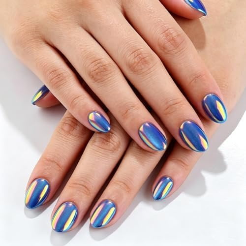 Blue Press Nails Metallic Finish Nails Short Oval False Nails press ons with Chrome Design Full Cover Glue Nails for Women Summer Manicure Kit 24 count