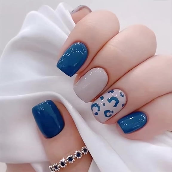 Blue Press on Nails Short Square Fake Nails Leopard Print Design False Nails Blue and White Glue on Nails Reusable Acrylic Nails Glossy Full Cover Stick on Nails for Women Manicure Decoration 24Pcs