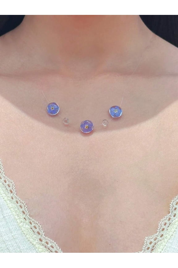 Blue Pressed Flower Resin Bead Choker Necklace For Women Minimalist Delicate Jewelry