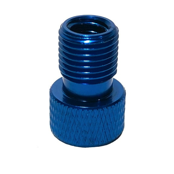 Blue Presta Valve Adapter converts Presta Valves to standard Schrader Valve use