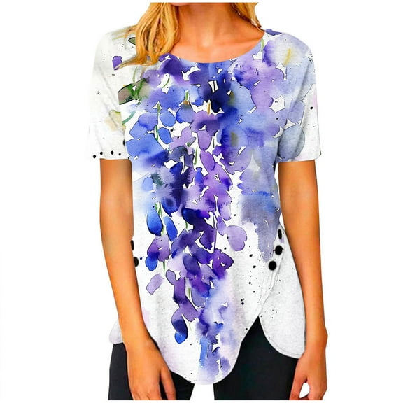 Blue Print Blouses for Women Workout Tops for Women Loose Summer Tops for Women 2025 Plus Size Short Sleeve Tunic Tops for Women XS