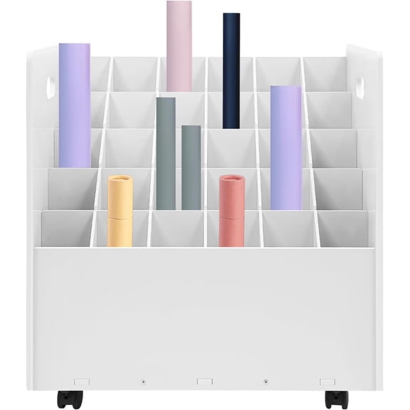 Blue Print Storage Organizer, 30 Slots Mobile Roll File Cart Blueprint Cabinet with Wheels File Storage Rack Roll Document Holder for Office and Home (White)