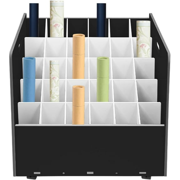 Blue Print Storage Organizer, 30 Slots Mobile Roll File Cart, Construction Plan Holders, Blueprint Cabinet with Wheels and Removable Dividers, Roll Files Storage for Office and Home (Black, 30 Slots)