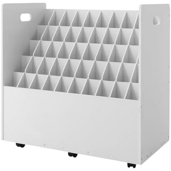Blue Print Storage Organizer with Wheels, 50 Slots Mobile Blueprint Storage Rack Cart, Construction Plan Holder Roll Files Cart Map Poster Storage Cabinet for Office Home School, White