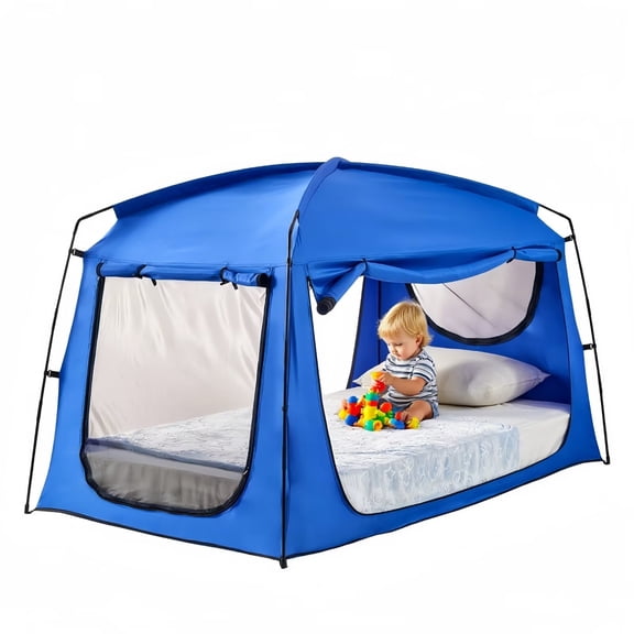 Blue Privacy Twin Size Bed Tent for Adults Kids,Blackout Sleep Bed Tents Canopy Breathable Mesh Windows