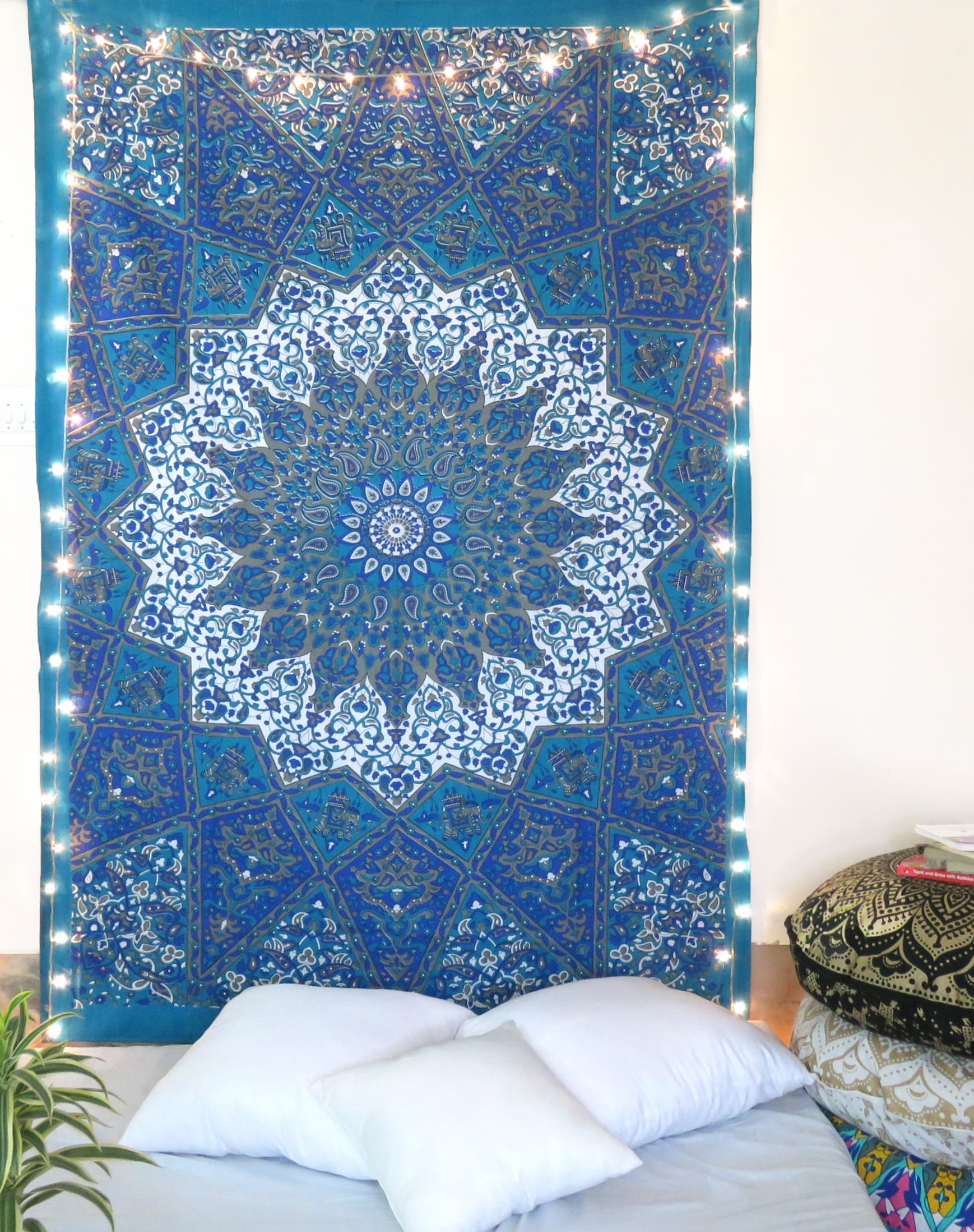 Blue Psychedelic Star Tapestry Hippie Indian Wall Hanging Beach Thorw Outdoor Picnic Blanket Bedspread Twin Size Tapestries by Oussum