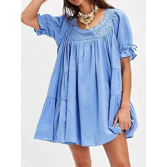 Blue Puff Sleeve Babydoll Mini Dress With Lace Trim Square Neck Flowy A-Line Sundress