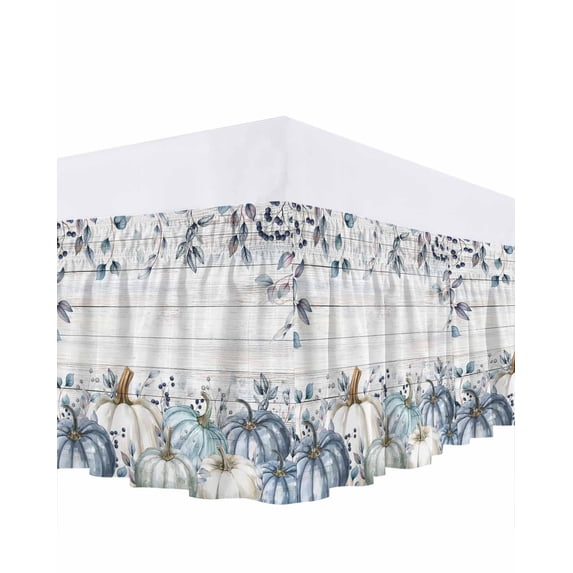 Blue Pumpkin Bed Skirt California King Size 18 Inch Drop, Wood Grain Background Fall Leaf Autumn Wrap Around Dust Ruffle Bedskirts, Wrinkle & Fade Resistant Easy Fit Bedskirt with Adjustable Elastic