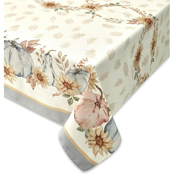 Blue Pumpkin Bordered Thanksgiving Tabletop, Stonewashed Fall Pumpkin and Sunflower Cottage Print Easy Care Fabric, Farmhouse Harvest, Tablecloth, 52 x 52 Square