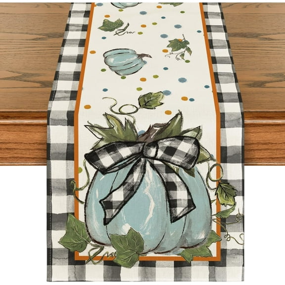 Blue Pumpkin Bowknot Buffalo Plaid Fall Table Runner,Seasonal Autumn Kitchen Dining Table Decoration for Home Party Decor 13x72 Inch