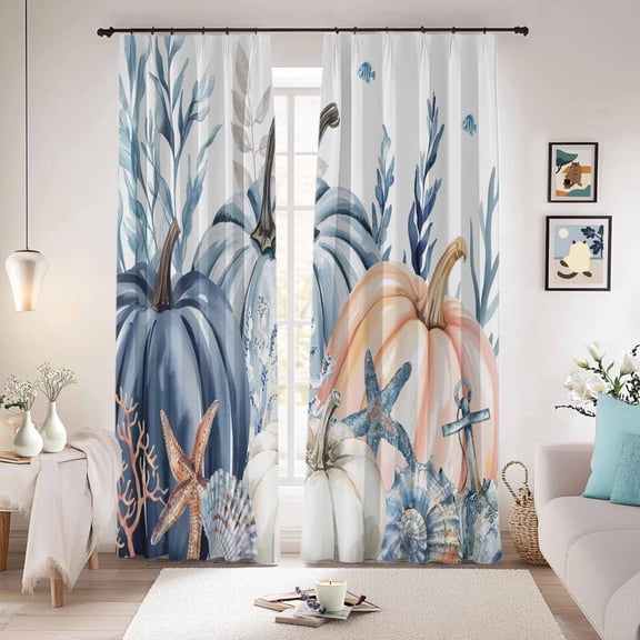 Blue Pumpkin Coastal Fall Blackout Curtains for Bedroom/Living Room, Pinch Pleated Black Out Curtains, Thanksgiving Ocean Botanical Coral Room Darkening Window Drapes with Hooks 2 Panels, 39"x70"