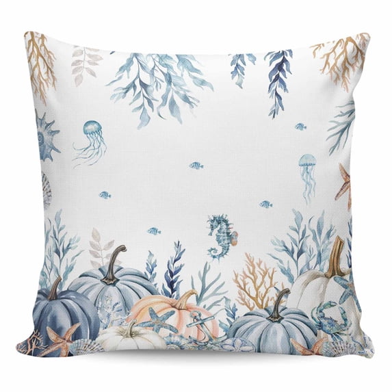 Blue Pumpkin Coastal Fall Pillow Covers 16x16 Inch Decorative Throw Pillow Cover, Thanksgiving Ocean Botanical Coral Sofa Pillowcases Accent Cushion Case Home Decor Bedroom Living Room