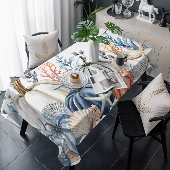 Blue Pumpkin Coastal Fall Table Cloth Waterproof Tablecloths, Thanksgiving Starfish Summer Beach Tablecloth Dining Table Cover for Kitchen Party Tabletop Outdoor, Rectangle Tablecloth 60x120 Inch
