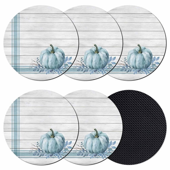 Blue Pumpkin Coasters Set of 6, Absorbent Coasters for Drinks, Thanksgiving Fall Leaf Country Farm Stripe Coaster for Desk Coffee Table Protection, Home Decor House Warming Gifts 4"