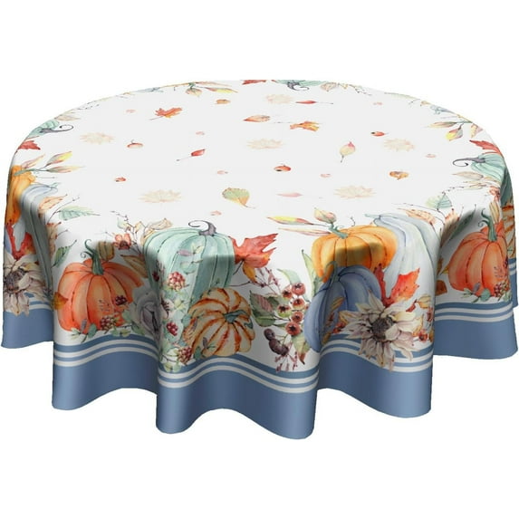 Blue Pumpkin Fall/Autumn Tablecloth Fall Leaf Round Tablecloth 60 Inch Thanksgiving Harvest Table Cloth for Farmhouse Kitchen Decor Polyester Fabric Autumn Table Cover for Party Outdoor Camping