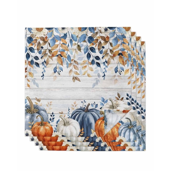 Blue Pumpkin Fall Cloth Napkins Set of 4 Reusable Dinner Napkins, Thanksgiving Eucalyptus Leaves Gray Wooden Cocktail Napkin Washable Table Napkins for Wedding/Holiday Party/Baby Shower 20"x20"