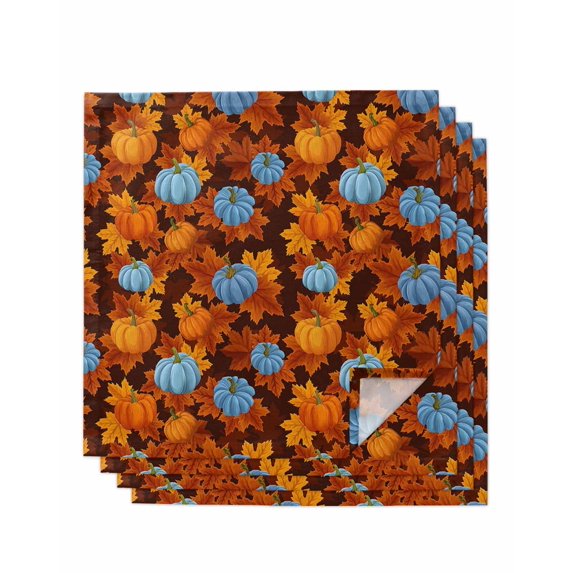 Blue Pumpkin Fall Cloth Napkins Set of 4 Reusable Dinner Napkins, Thanksgiving Maple Leaves Autumn Cocktail Napkin Washable Table Napkins for Wedding/Holiday Party/Baby Shower 20"x20"