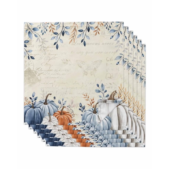 Blue Pumpkin Fall Cloth Napkins Set of 6 Reusable Dinner Napkins, Thanksgiving Eucalyptus Leaves Beige Cocktail Napkin Washable Table Napkins for Wedding/Holiday Party/Baby Shower 20"x20"